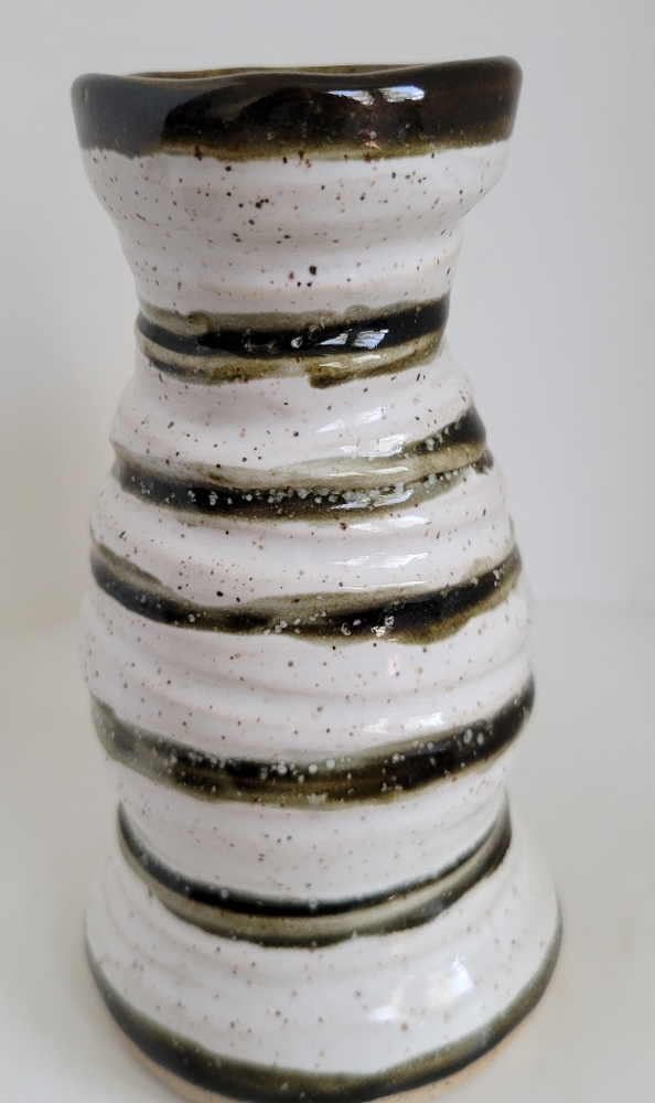Crude Pottery Brown Speckled Cream with Olive Striped Vase 6" Tall